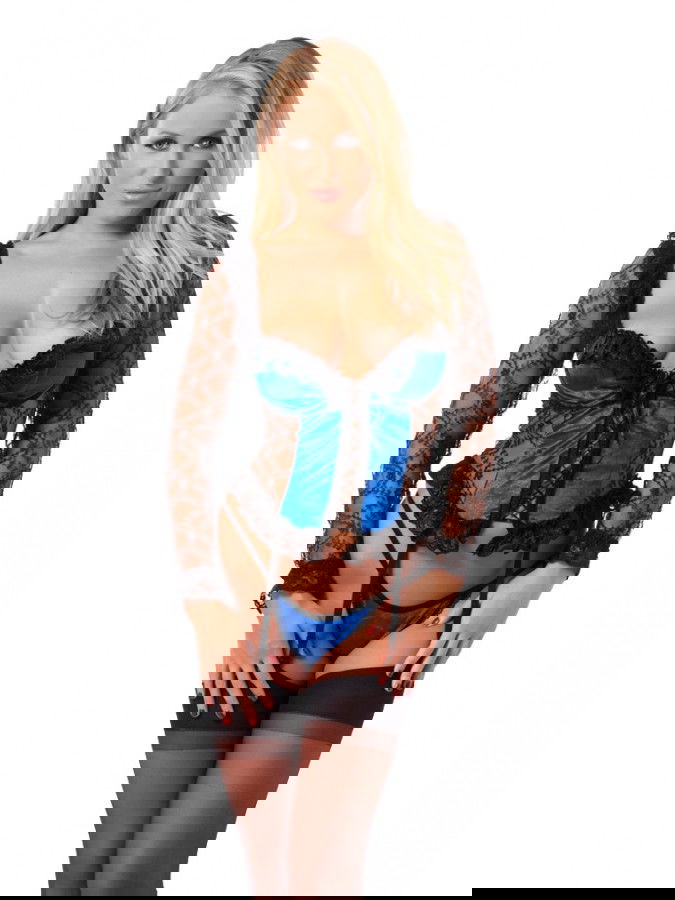 Amorable by Rimba - Korset met Beugels, G-string en Kousen - Zwart / Blauw