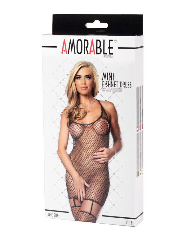 Amorable by Rimba - Visnet Jurk met Kousen - One Size - Zwart / Zilver