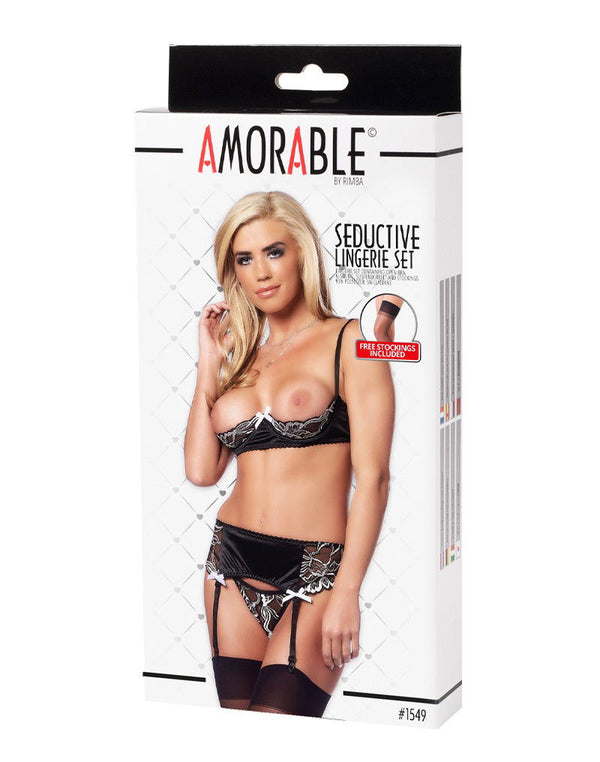 Amorable by Rimba - Open BH met String, Jarretelgordel en Kousen - Zwart / Wit