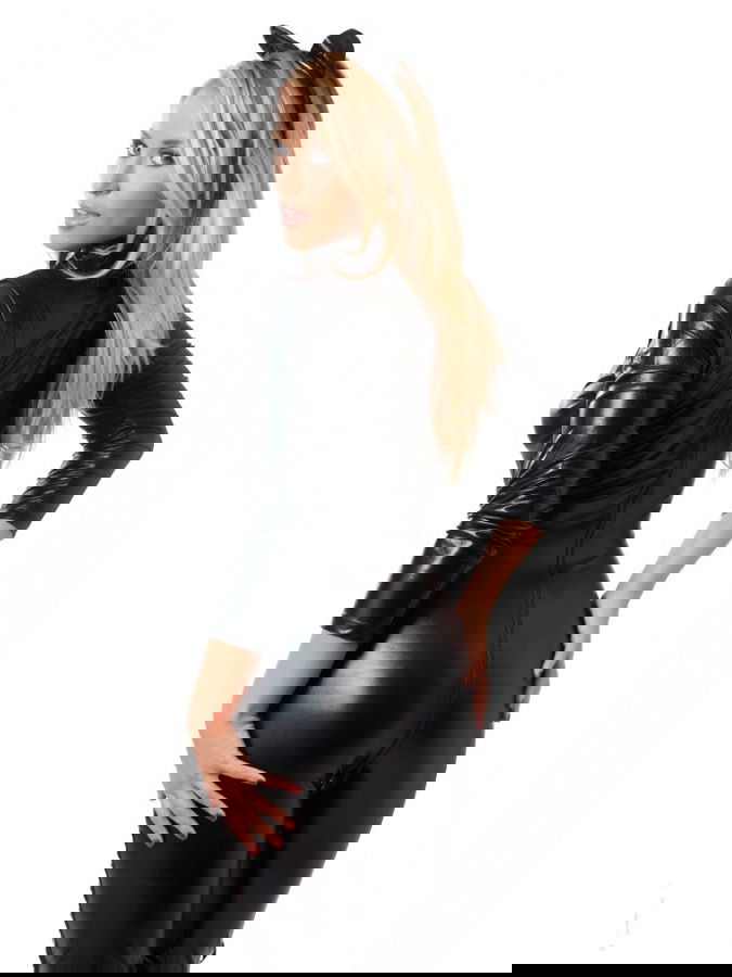 Rimba - Wetlook catsuit met lange Ritssluiting en diadeem